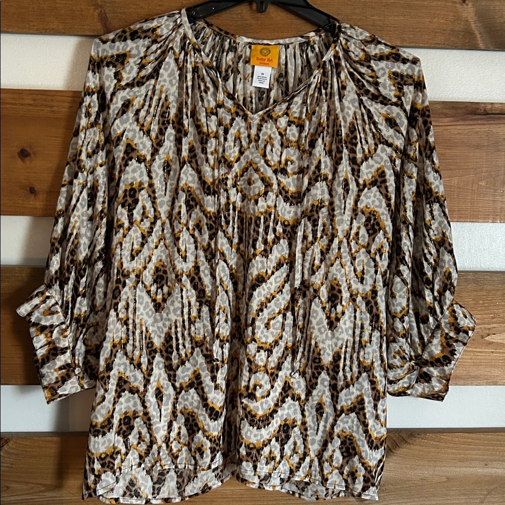 Ruby Rd. Women's Blouse Black, Brown, White Pattern, Gold Accent Strips Size 1X